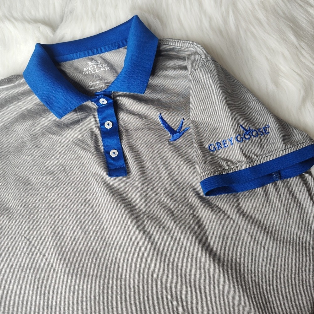 Peter Millar Polo Shirt Womens Large Grey Blue Striped Grey Goose Logo Luxury